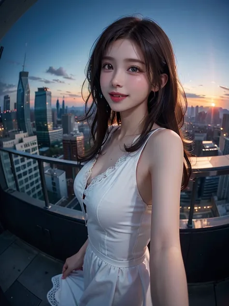 One girl, Fisheye Lens, Selfie, Wind, Messy Hair, sunset, Cityscape, (Aesthetics and atmosphere:1.2),smile、Your underwear is visible through your clothes due to sweat、She is wearing a dress with lace