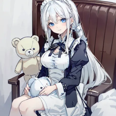 White Hair，Long Hair，ponytail，Blue Eyes，Sharp Eyes，Maid clotheiniskirt，Ample breasts，smile，holding a teddy bear，Large stuffed animal，cute，Sit on a chair，Mature，gorgeous