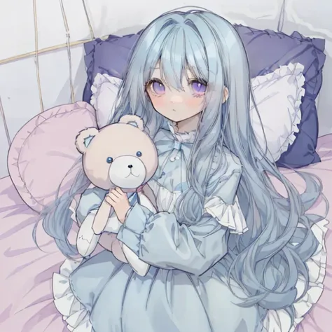 Light blue hair，Long Hair，Curly Hair，Pink Eyes，Round eyes，cute，holding a teddy bear，Large stuffed animal，On the bed，pastel colour，cushion，Lots of stuffed toys