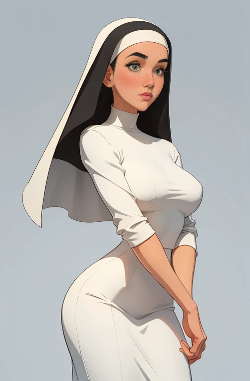 garota,, pequeno, Shy, bunda grande,   catholic nun outfit  , dynamic pose, Quente, soft or colored lips, fundo simples, perfect hands, anatomia perfeita, Tilt Jennifer Connelly style Cartoon style digital illustration GTA style