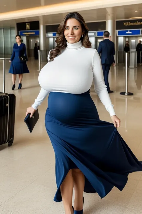 fine art portrait of a very elegant 35yo European flight attendant, highest quality, sexy face, high resolution, Eleonora Pavinat 35yo woman, chubby pregnant body, wearing very long blue skirt, hiding (gigantic huge heavy breasts:1.4) under a lose white tu...