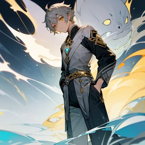 Aether from Genshin Impact. Gray haired boy. Short hair. Golden Eyes. Serious expression. Hands on pockets.