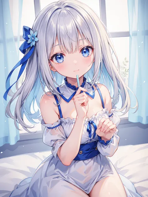 1girl, silver hair, blue eyes, medium hair, soft smile