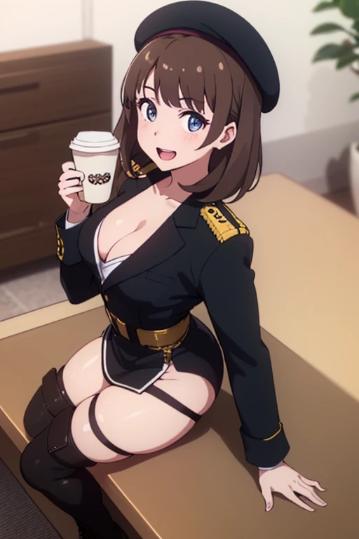 masterpiece, 1girl, Amazing Cleavage:1.3, thin waist, big ass, Raised sexy,posed cleavage:1.2,solo, looking at viewer, open mouth, have a cup of coffee,(from above:1.2),(from side:0.9), (beret, black Military uniform, bulletproof jacket, half open clothes)...