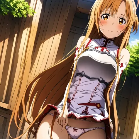 {{Asuna Yuuki(SAO)}}},official style,2d cel anime, gleaming skin,strong light coming in， (((One girl))), (((alone))), (((One girl))), (((alone))),stage,Portraiture,View your viewers，((Cotton panties with crotch))，(((Skirt flip, I can see your panties)))，sq...