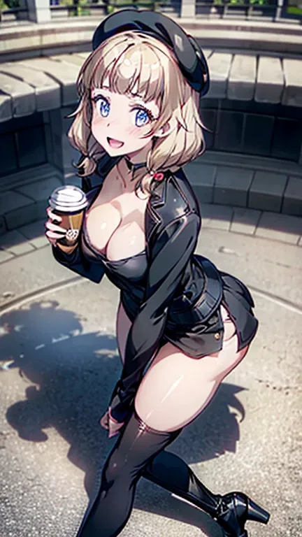 masterpiece, 1girl, Amazing Cleavage:1.3, thin waist, big ass, Raised sexy,posed cleavage:1.2,solo, looking at viewer, open mouth, have a cup of coffee,(from above:1.2),(from side:0.9), (beret, black Military uniform, bulletproof jacket, half open clothes)...