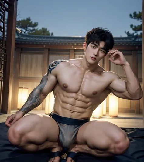 Chinese Men God, Mythology, Chinese odyssy, Handsome, Topless, Muscles, Athlete body, Full Frame, Sexy, Professional Lighting, Hanfu Outfit, Chinese Heaven Background, Bulge Underneathe brief Underwear, white transparent brief, Sexy big bulge form dick sha...