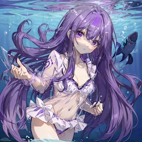 Purple Hair，Long Hair，Purple Eyes，Sharp Eyes，In the water，Bubbles floating，Swimwear，Mature，Shimmering hair，Fish Shadow，Light shines asy，gorgeous，Transparent，beautiful，