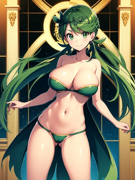 ((Cute girl with green hair)), ((Fancy costumes)),whole body, Thighs,((masterpiece, highest quality, Ultra high definition, High resolution)), Anime Girls, ((Ultra-detailed illustrations:1.2)),  Beautiful Hair, Shining Eyes, Huge breasts, Big smile, Floral...