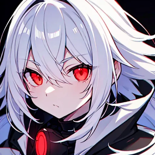 High resolution、close range、High Angle、A white-haired anime boy looks at the camera with a straight face、Monochrome、White skin、Black jacket、Pure white background、Red glowing eyes