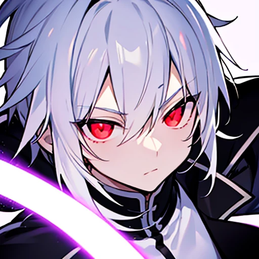 High resolution、close range、High Angle、A white-haired anime boy looks at the camera with a straight face、Monochrome、White skin、Black jacket、Pure white background、Red glowing eyes