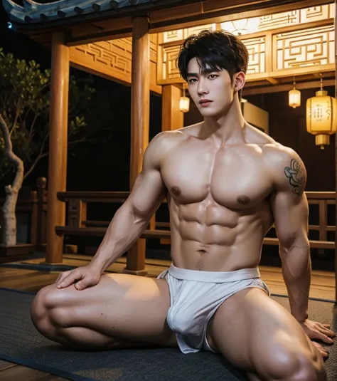 Chinese Men God, Mythology, Chinese odyssy, Handsome, Topless, Muscles, Athlete body, Full Frame, Sexy, Professional Lighting, Hanfu Outfit, Chinese Heaven Background, Bulge Underneathe brief Underwear, white transparent brief, Skiny tiny wet brief, Sexy  ...