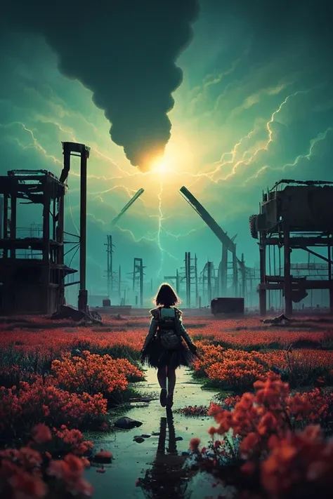 "Digital art, ((forlorn)) girl wandering through a nuclear wasteland, flowers breaking through the destruction, eerie ruins under a tumultuous sky, ((desolate beauty)), ((emotional depth)), detailed, haunting"