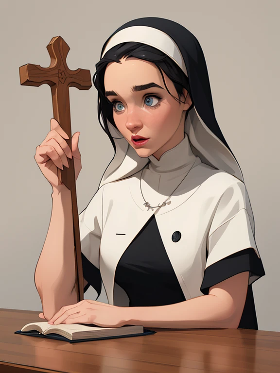 garota,, pequeno, Shy, bunda grande,   medieval catholic nun outfit , dynamic pose, Quente, soft or colored lips, fundo simples, perfect hands, anatomia perfeita, Tilt Jennifer Connelly style Cartoon style digital illustration GTA style vampire slayer with...