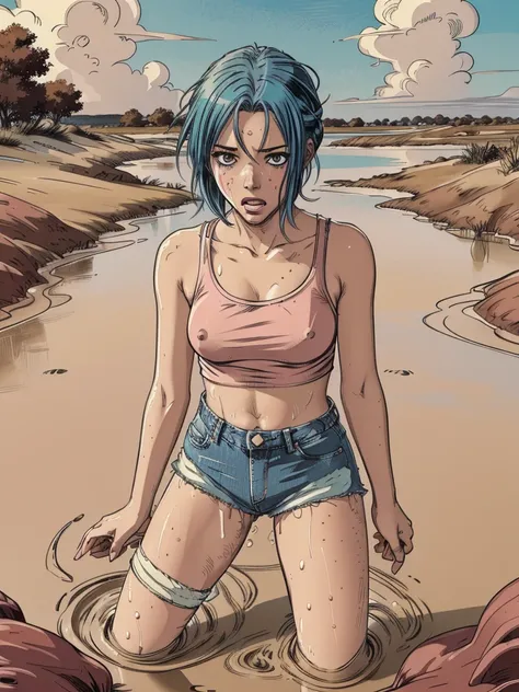 (vector image:1.2), (best quality), (highres), (masterpiece), (anime), (young teenage girl), (gloomy orgasm:1.1),(colored hair), (blush), (sporty top), (stockings ), (denim shorts), ( drowned in quicksand bog), (red),sky, provocative sexy, touches herself ...