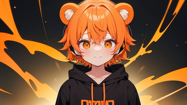 Fluffy bear ears　(Orange hair color)　((boy))　(headphone)　Black hoodie with gold lines　Face up Magic circle　Eye color black　Ultra short hair　 smile　 4K resolution　reaching out　((((nervous))))