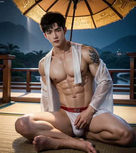 Chinese Men God, Mythology, Chinese odyssy, Handsome, Topless, Muscles, Athlete body, Full Frame, Sexy, Professional Lighting, Hanfu Outfit, Chinese Heaven Background, Bulge Underneathe brief Underwear, white transparent brief, Skiny tiny wet brief, Sexy  ...