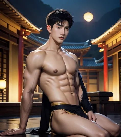 Chinese Men God, Mythology, Chinese odyssy, Handsome, Topless, Muscles, Athlete body, Full Frame, Sexy, Professional Lighting, Hanfu Outfit, Chinese Heaven Background, Bulge Underneathe brief Underwear, white transparent brief, Skiny tiny wet brief, Sexy  ...