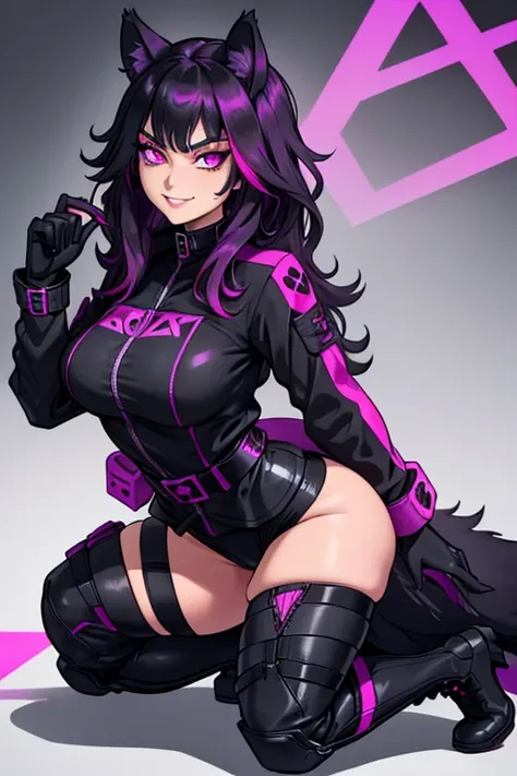 female, black long hair with magenta highlights, silver eyes, black wolf ears, black wolf tail (((1girl))), (((Black Widow outfit with magenta trim))), (black pants), (black gloves), (black tactical belt), (black tactical boots), cute and sexy, full body, ...