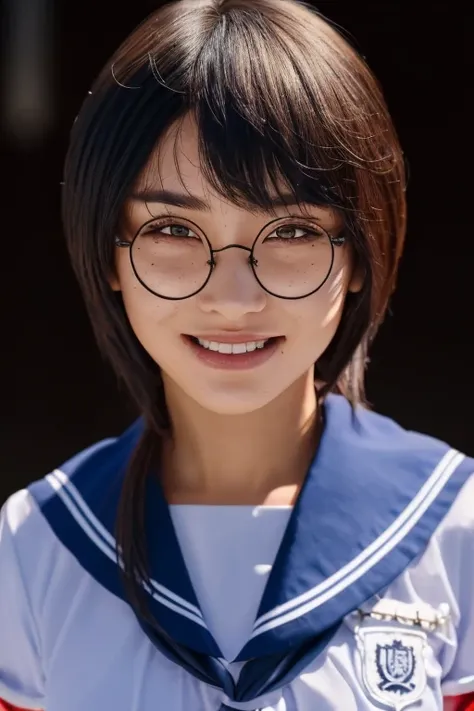 (masterpiece, best quality, beautiful quality, photorealistic, looking at viewer, detailed lighting, extremely detailed skin, extremely detailed hair, extremely detailed teeth, shadows, 8k:1.2), 1girl, glasses, school uniform, front view, slim body, full b...