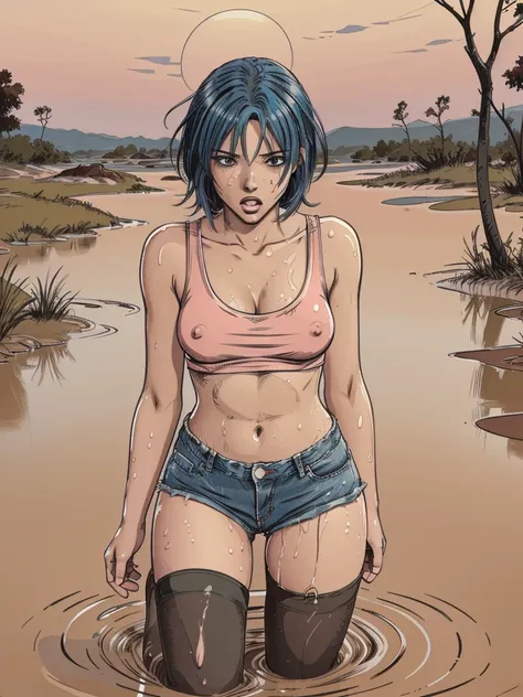 (vector image:1.2), (best quality), (highres), (masterpiece), (anime), (young teenage girl), (gloomy orgasm:1.1),(colored hair), (blush), (sporty top), ((stockings )), (denim shorts), ( drowned in quicksand bog), (red),sky, provocative sexy, (touches herse...