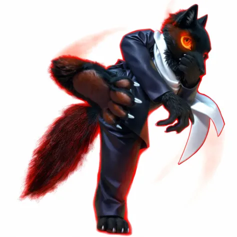 Black anthro wolf, standing with one feet, kicking air, doing a kick fight pose, red wind movement flowing effect behind feet kicking air, wearing black leather jacket (detailed hd muscular black fur chest exposed, detailed hd muscular black fur stomach ex...