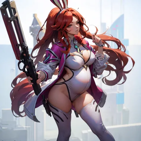 Sexy pregnant battle bunny miss Fortune, red hair, tight white swimsuit, cleavage 