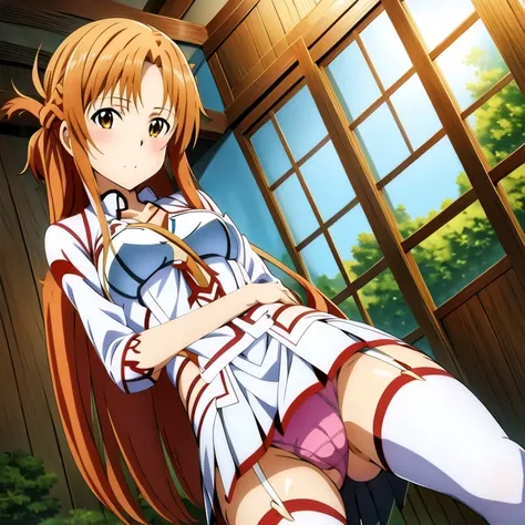 {{Asuna Yuuki(SAO)}}},official style,
One girl, alone,stage,Portraiture,View your viewers，((Cotton panties with crotch))，(((Skirt flip, I can see your pants)))，From below，Embarrassing，blush，From below，From below，