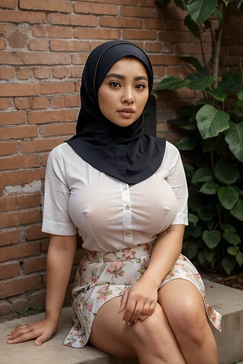 RAW, Best quality, high resolution, masterpiece: 1.3),  beautiful Malay woman in hijab :0.8), beautifull face, perfect fit body, big eyes, glossy lips,(big breast),thick thighs, woman sitting against brick wall in bright color blouse and long floral skirt,...