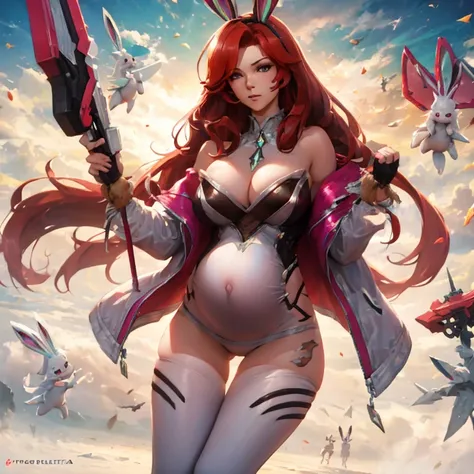 Sexy pregnant battle bunny miss Fortune, red hair, tight white bunny suit, cleavage 