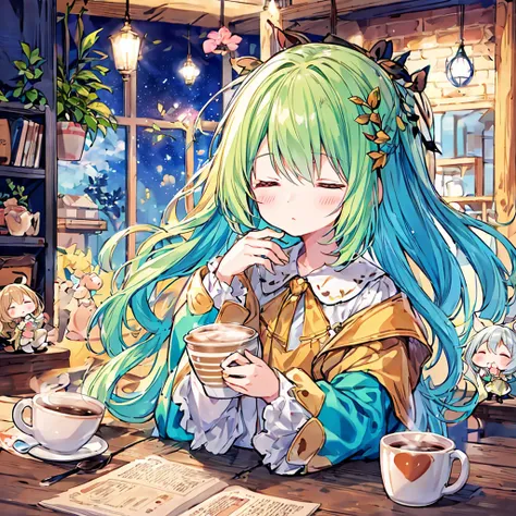 Little fairy、Living in a coffee cup、highest quality、Masterpiece、Official Art、16ｋ、super beautiful、Super detailed、Ultra-fine、Disorganized、A warm and cozy world of pastel colors、Cute and fluffy、Chibi sleeping in a coffee cup、I close my eyes and doze off.、