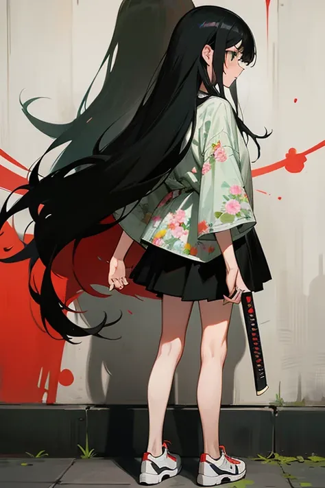 • 2934774106 a feminine girl, Full body, -description: Loose long black hair, green eyes, (1.60 cm tall), 20 years old, -wearing: floral shirt, mini black skirt, printed sneakers, holding a katana with a red blade, -background: facing the wall, graffiti, b...