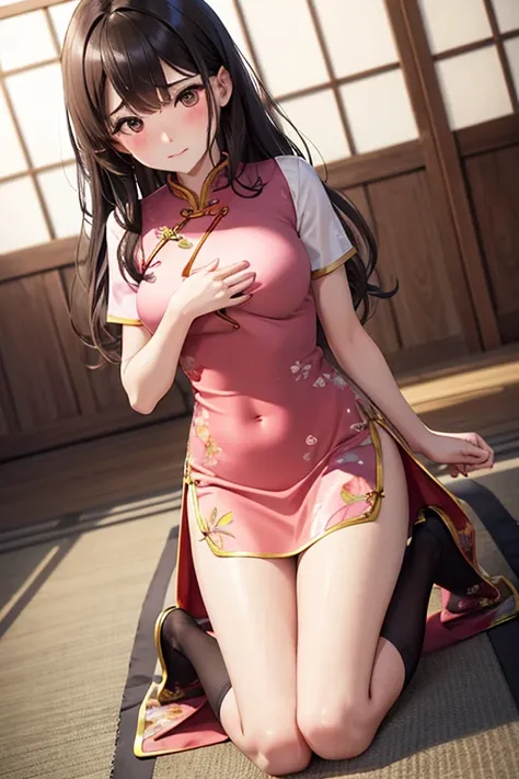 blush，shy，Kneeling，Medium breasts，Lower breasts，cheongsam，Disheveled