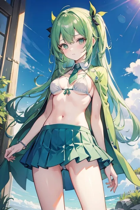 masterpiece, best quality, 1 Girl, Solitary, Nashida_Genshin Impact, Cross-shaped pupil, Bikini, Green tie, suit, Pleated Skirt, Green Cape, Standing breast lower part，shy