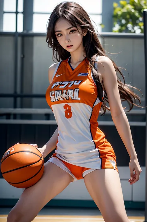 beautiful detail, best quality, 8k, highly detailed face and skin texture, high resolution, big tits cute long hair girl in orange basketball jersey at basketball court, full body, sharp focus