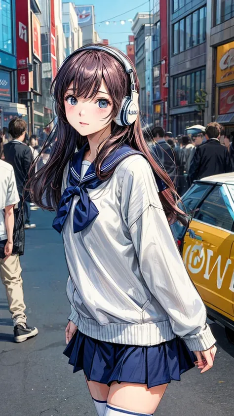 City Pop Art、City pop style、sketch style、lofi girl、Beautiful high school girl、8 headodel、Navy blue sailor uniform、White sweater、mini skirt、Knee-high socks、Walking around Harajuku、Headphones 1.2、Listening to music、whole body、1 person、Cowboy Shot、Listening t...