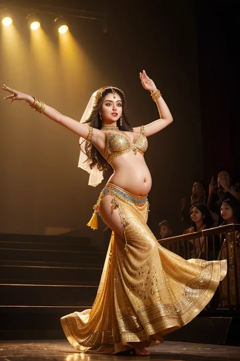 (best quality,masterpiece:1.2,high resolution,4k,8k),ultra-detailed,(realistic,photorealistic,photo-realistic:1.37),1girl, Aishwarya Rai on the stage,belly dancer, pregnant,big breasts,vivid colors,stage lights,dynamic movement,golden jewelry,cultural atti...