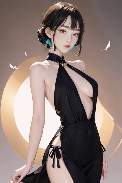 tsuruta ichiro, Narrow-eyed, 1girl in, Allback、deadpan、short-hair、shorth hair、brow、Reluctance、A dark-haired、Tucked Hair Solo, Cowgirl, Onepiece, ((mideum breasts)), Thin slit eyes、Black eyes, Light shines on the eyes、Black hair, gloves, Dress, Luxurious Je...