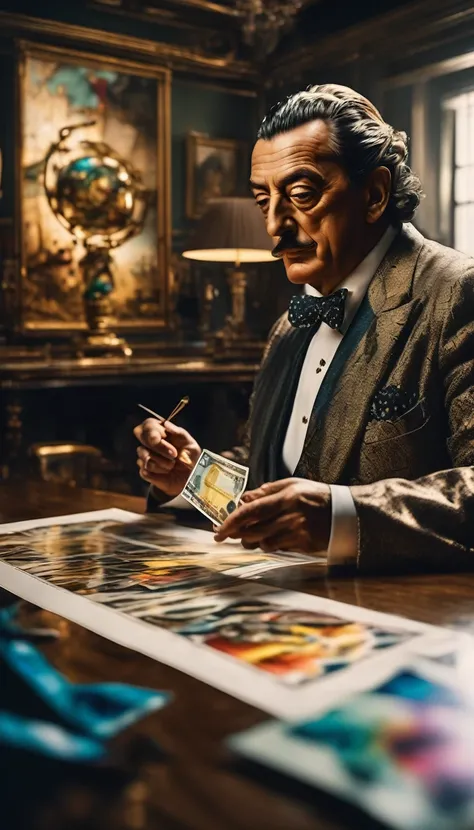 Dali presenting a blank check with a surrealist sketch, background cinematic, hyper realistic, ultra detailed hyper realistic, photorealistic, Studio Lighting, reflections, dynamic pose, Cinematic, historical accuracy, Color Grading, Photography, Shot on 5...