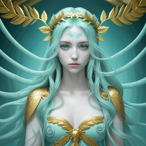 Portrait of a pale goddess, perfect face, hair made of aqua skin tentacles, aqua eyes, golden laurel wreath, Shock of Gold, Roman clothes