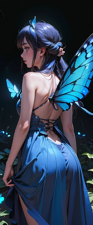 ((masterpiece, highest quality, Highest image quality, High resolution, photorealistic, Raw photo, 8K)), ((Extremely detailed CG unified 8k wallpaper)), A lone blue butterfly fluttering in the starry sky, Huge butterfly wings from the back, (blue glowing w...