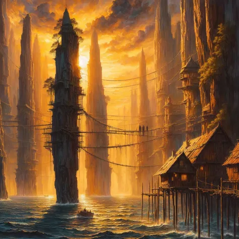 a painting of a sunset scene with a boat in the water, Symmetrische epische Fantasy-Kunst, Fantasy-Kunstrealistische Malerei, Sci-Fi-Fantasy-Tapete, detailed matte fantasy painting, matte fantasy painting, inspiriert von Alexander Burdisio, Fantasy-Malerei...