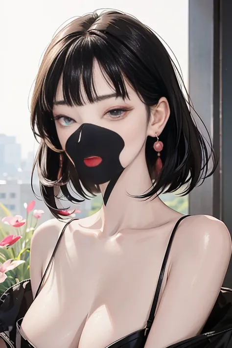 tsuruta ichiro, Narrow-eyed, 1girl in, Allback、deadpan、short-hair、shorth hair、brow、Reluctance、A dark-haired、Tucked Hair Solo, Cowgirl, Onepiece, ((mideum breasts)), Thin slit eyes、Black eyes, Light shines on the eyes、Black hair, gloves, Dress, Luxurious Je...