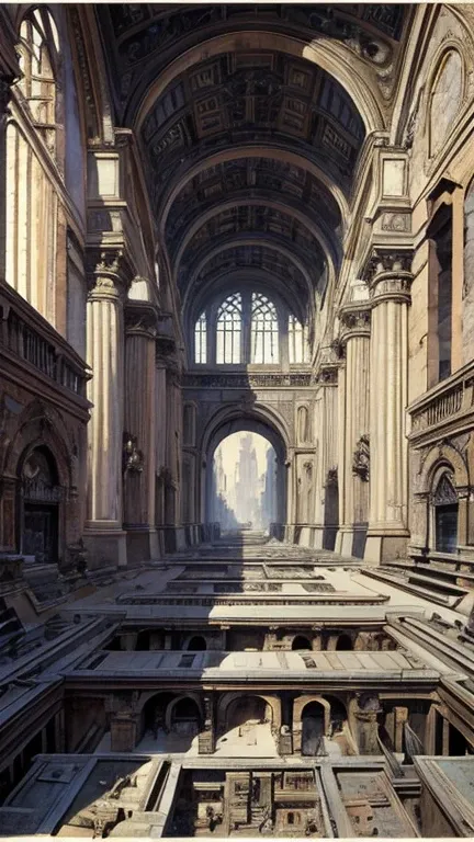 Giovanni Battista Piranesi full colours, Paul Delvaux, Kay Nielsen, Surrealism, Mysterious, Weird, Outlandish, Fantasy, Sci-fi, Japanese Animation, Piranesi-like eyes for ruins, and from that perspective, insight into living cities. Blueprints, cross-secti...