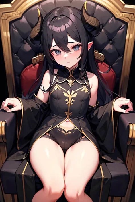 Feminine boy, black peaked cap, hornes, glowing horns, throne, thighs, black attire