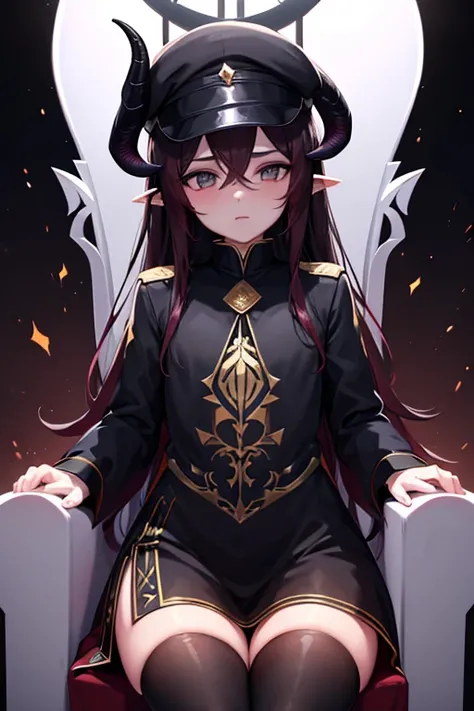 Feminine boy, black peaked cap, hornes, glowing horns, throne, thighs, black attire