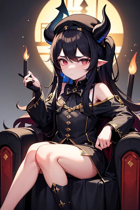 Feminine boy, black peaked cap, hornes, glowing horns, throne, thighs, black attire