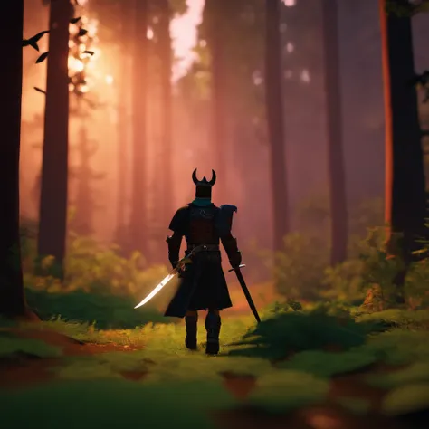 Roblox character, block skin, walking through a forest, midnight, with sword