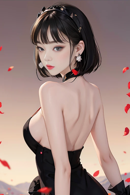 tsuruta ichiro, Narrow-eyed, 1girl in, Allback、deadpan、short-hair、shorth hair、brow、Reluctance、A dark-haired、Tucked Hair Solo, Cowgirl, Onepiece, ((mideum breasts)), Thin slit eyes、Black eyes, Light shines on the eyes、Black hair, gloves, Dress, Luxurious Je...