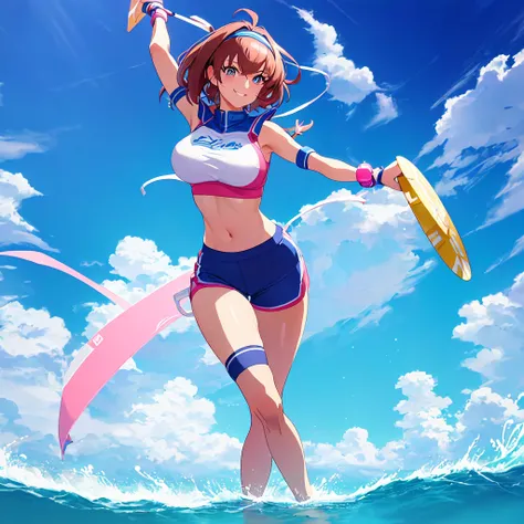 imagined a girl in extreme sport outfit playing to a flying disc game in a beach arena game sport, masterpiece, ultra-detailed, 80s anime (style), 2D, megapixel, perfectionism, full HD , 4K, (windjammers), windjammers sport game, windjammers 2 (((((solo ma...